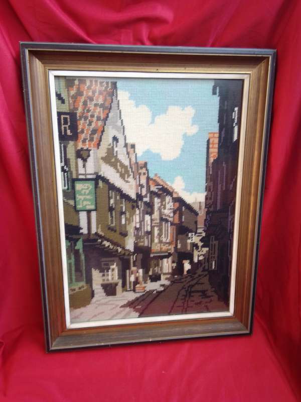 Beautiful Vintage Glass Framed Tapestry 'Street Scene'