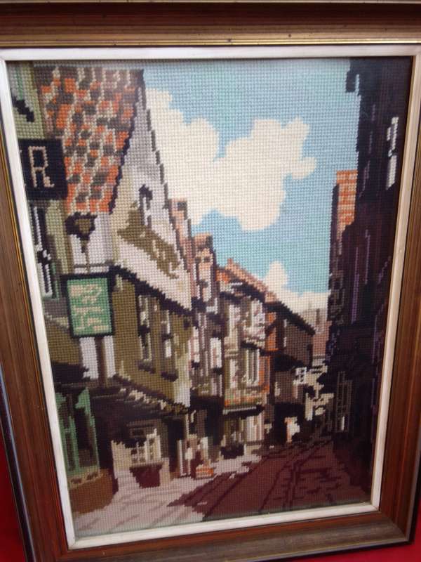 Beautiful Vintage Glass Framed Tapestry 'Street Scene'