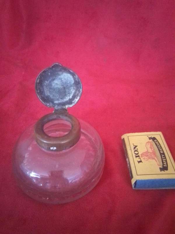 Antique Glass Ink Well with Brass Top