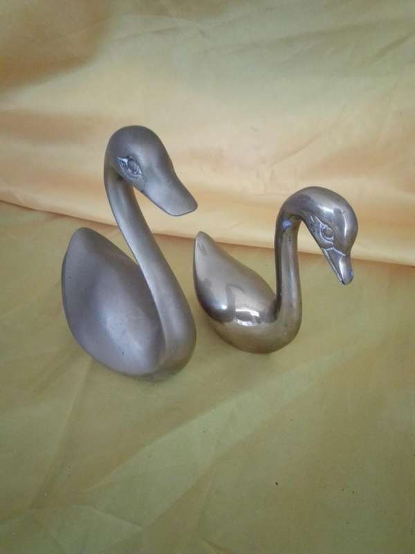 Pair Vintage Brass Swans