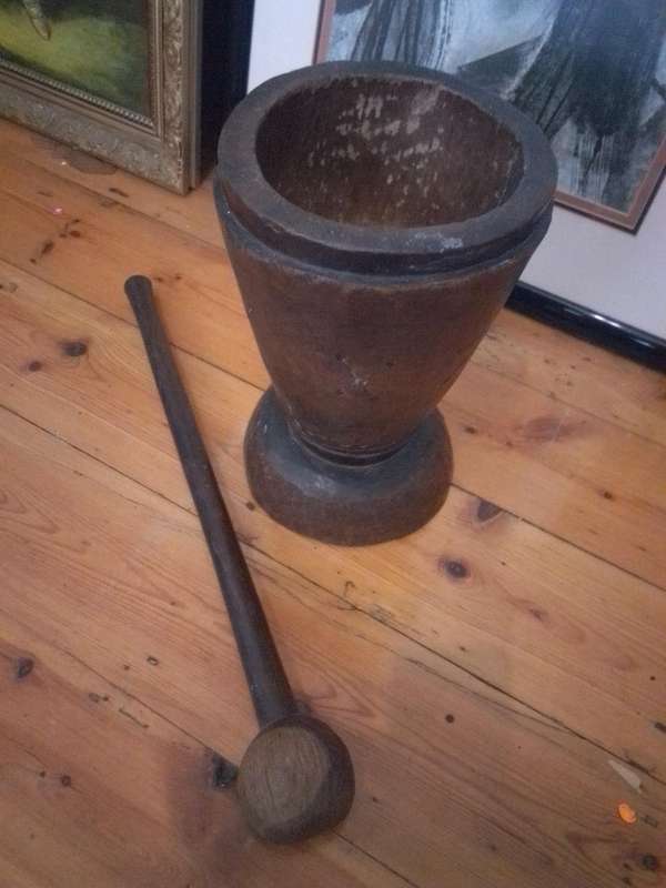 Large Vintage Hand Carved African Wooden Mortar & Pestle