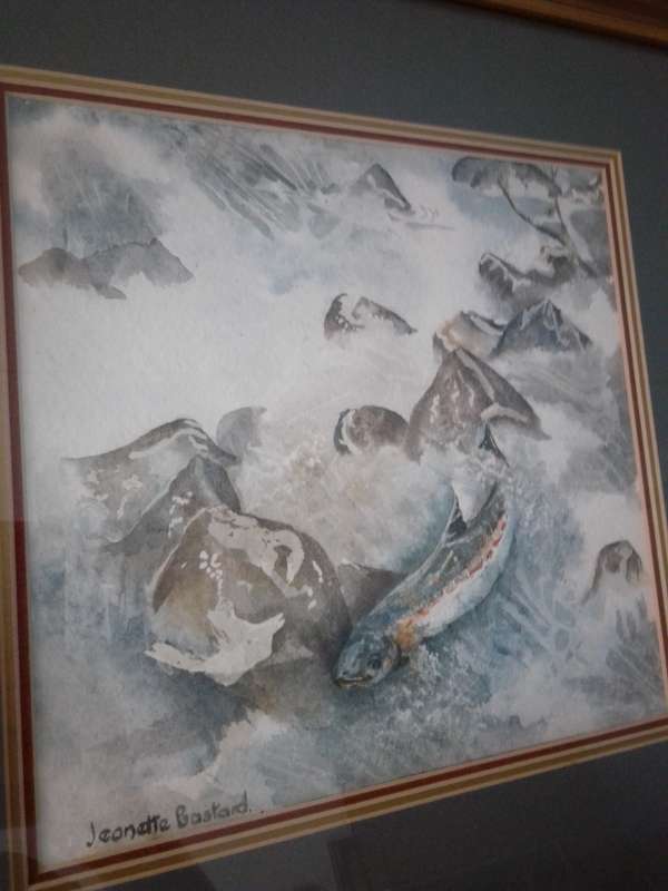 Stunning Watercolor 'Salmon swimming Upstream' Signed Jeanette Bastard