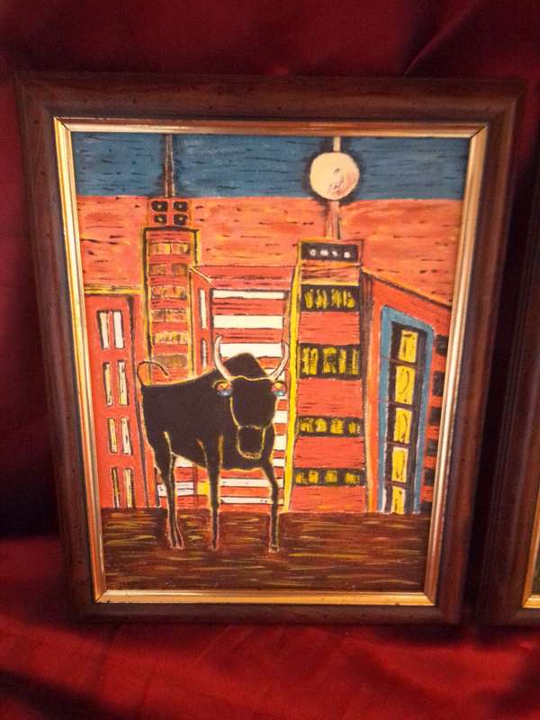 2 x African Artworks Oil On Board Featuring A Bull (1990's)