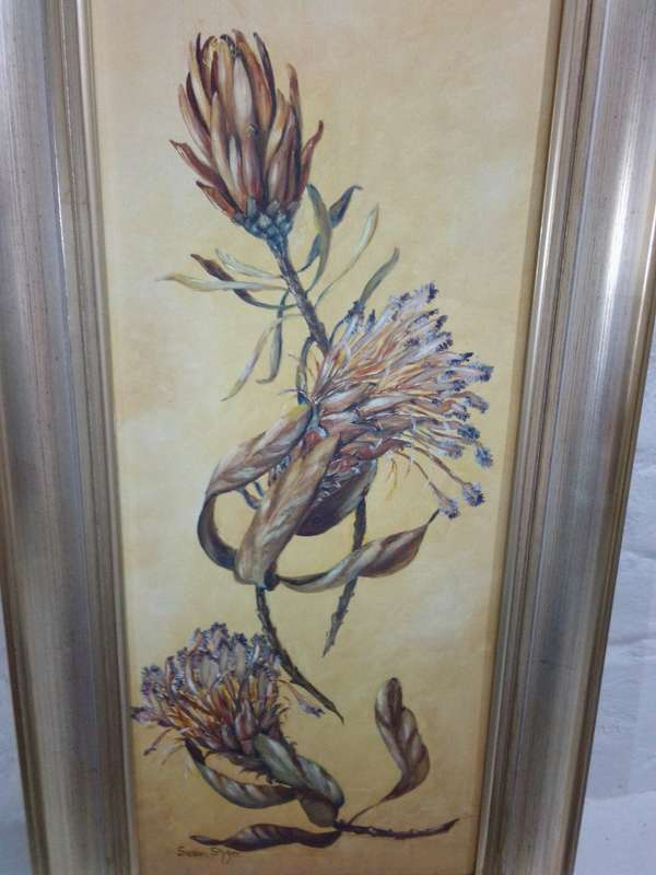 Stunning Oil on Board by SA Artist Susan Styger 'Still life Proteas'