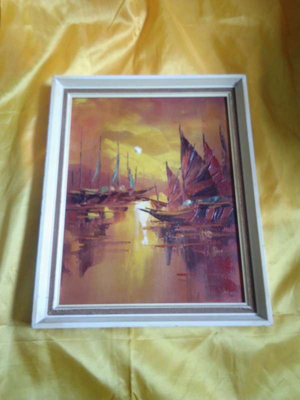 Circa 1960's Beautiful Oil on Canvas 'Chinese Boats' Signed A. Wong