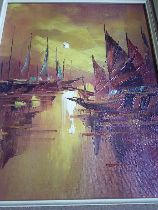 Circa 1960's Beautiful Oil on Canvas 'Chinese Boats' Signed A. Wong