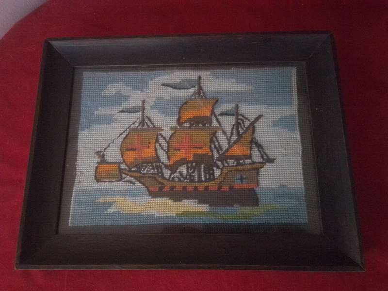 1940's Glass Framed Tapestry of a Man-of-war