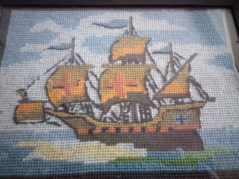 1940's Glass Framed Tapestry of a Man-of-war