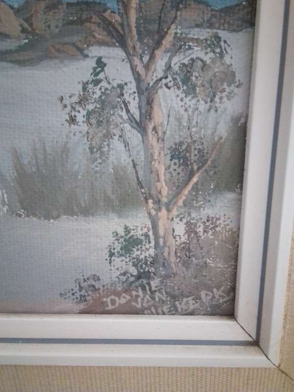 Famous SA Artist Danie Van Niekerk (1931 - 2003) Oil On Board 'Mountains & Dam' Signed