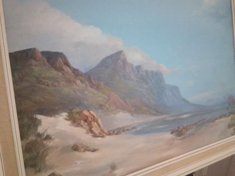 Famous SA Artist Danie Van Niekerk (1931 - 2003) Oil On Board 'Mountains & Dam' Signed