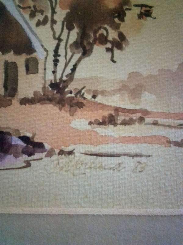 Glass Framed Watercolour Signed & Dated 83' Houses & Boats