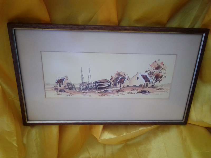 Glass Framed Watercolour Signed & Dated 83' Houses & Boats
