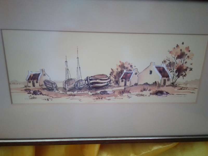 Glass Framed Watercolour Signed & Dated 83' Houses & Boats