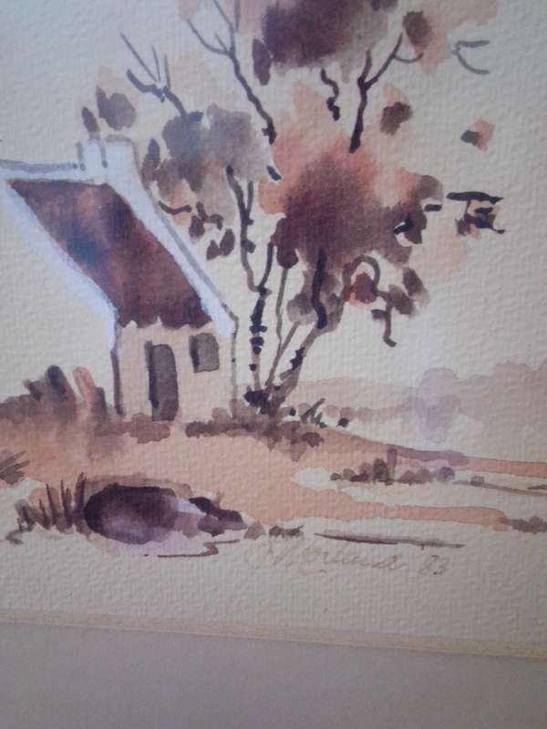 Glass Framed Watercolour Signed & Dated 83' Houses & Boats