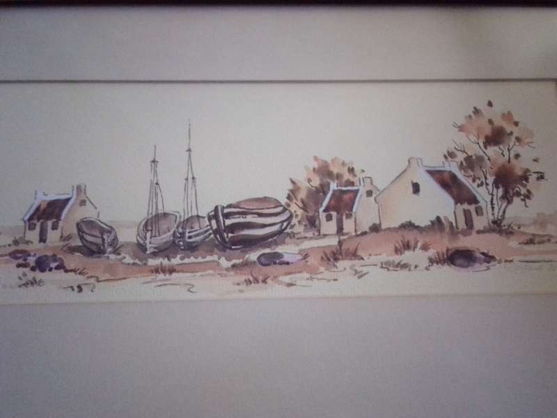 Glass Framed Watercolour Signed & Dated 83' Houses & Boats