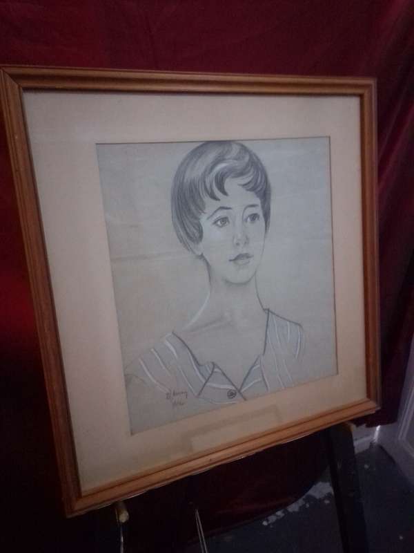 Glass Framed Pencil / Charcoal Drawing of a Young Woman Signed & Dated 1960