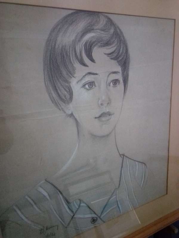 Glass Framed Pencil / Charcoal Drawing of a Young Woman Signed & Dated 1960
