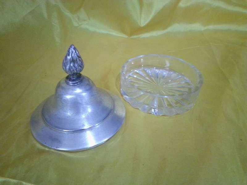 Stunning Art Deco Cut Glass Powder / Trinket Box With Silver plate Top