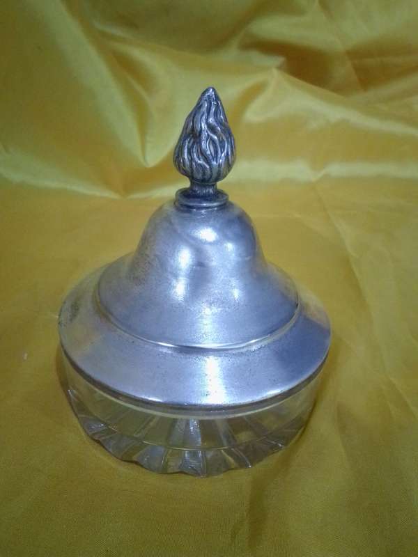 Stunning Art Deco Cut Glass Powder / Trinket Box With Silver plate Top