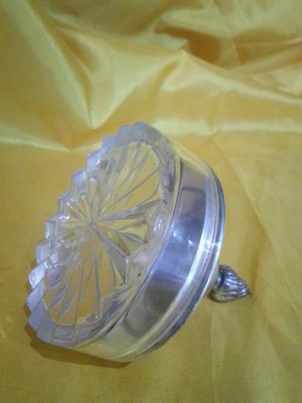 Stunning Art Deco Cut Glass Powder / Trinket Box With Silver plate Top