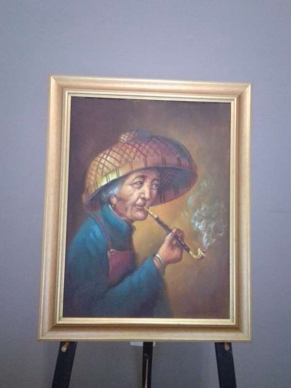 Canvas Stretched Over Board Chinese Artist H. Cheang (1910-198 ?) Old Lady Smoking Opium Pipe