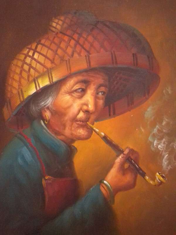 Canvas Stretched Over Board Chinese Artist H. Cheang (1910-198 ?) Old Lady Smoking Opium Pipe