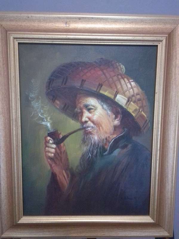 Oil on Board by Chinese Artist H. Cheang (1910 - 198 ?) Old Man Smoking Opium Pipe