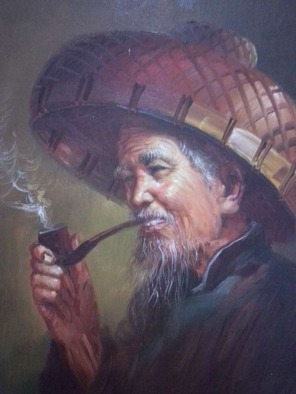 Oil on Board by Chinese Artist H. Cheang (1910 - 198 ?) Old Man Smoking Opium Pipe