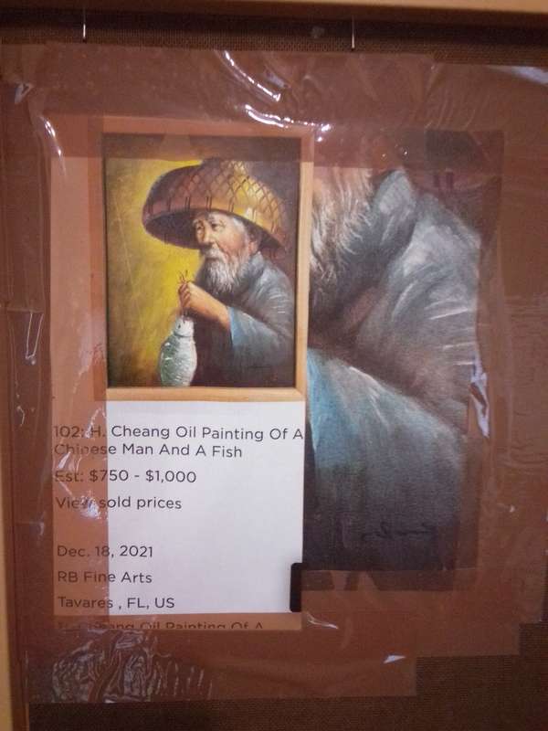 Oil on Board by Chinese Artist H. Cheang (1910 - 198 ?) Old Man Smoking Opium Pipe