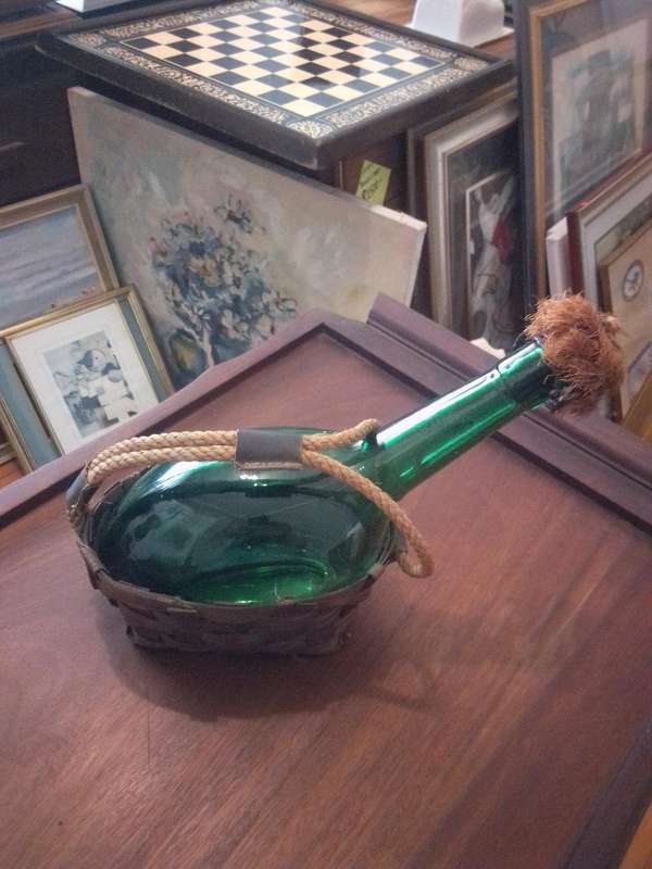 Vintage Bottle Green Decanter In Rope & Wicker Basket