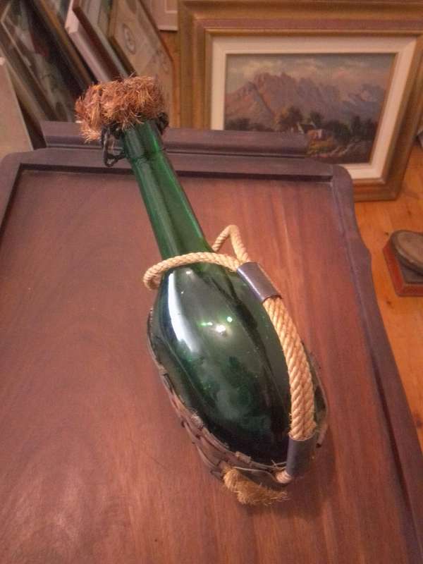 Vintage Bottle Green Decanter In Rope & Wicker Basket