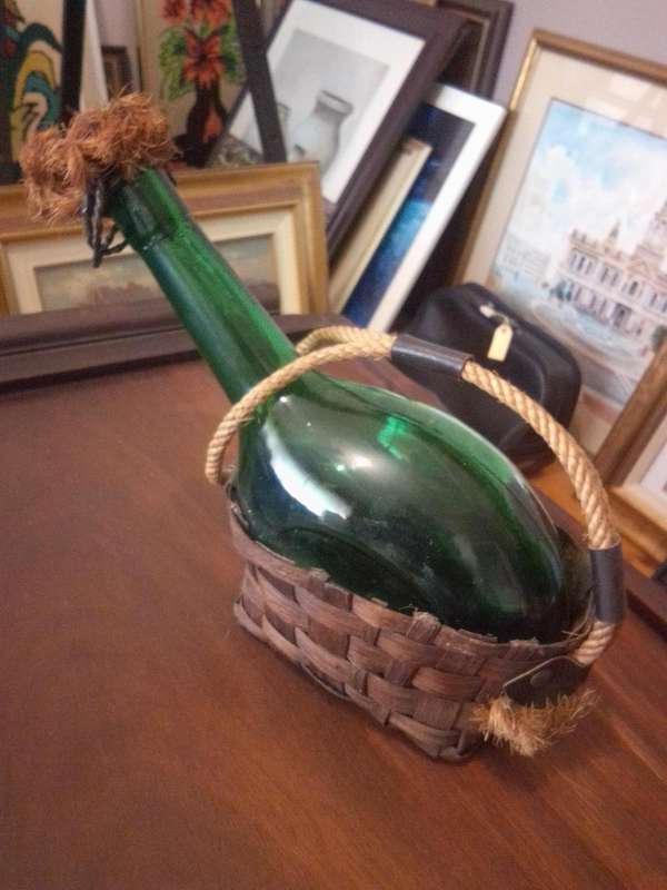 Vintage Bottle Green Decanter In Rope & Wicker Basket