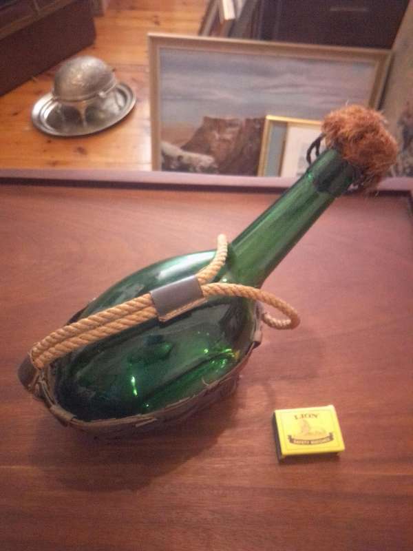 Vintage Bottle Green Decanter In Rope & Wicker Basket
