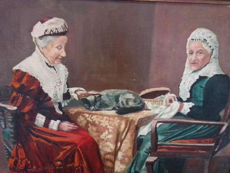 19th Century Oil on Board "Two Old Ladies" by S.Saunders (Scottish) Dated 1830