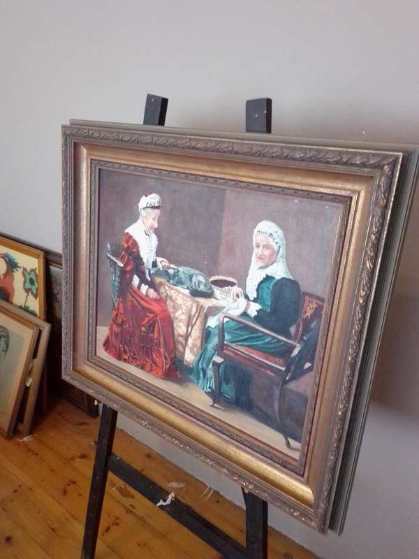 19th Century Oil on Board "Two Old Ladies" by S.Saunders (Scottish) Dated 1830