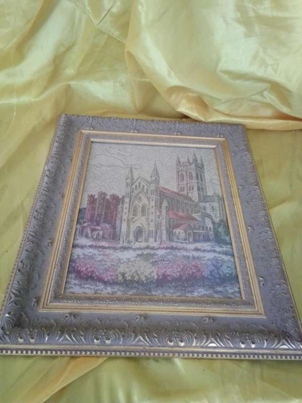 Beautiful Vintage Embroidery 'Cathedral' In Original Ornate Frame