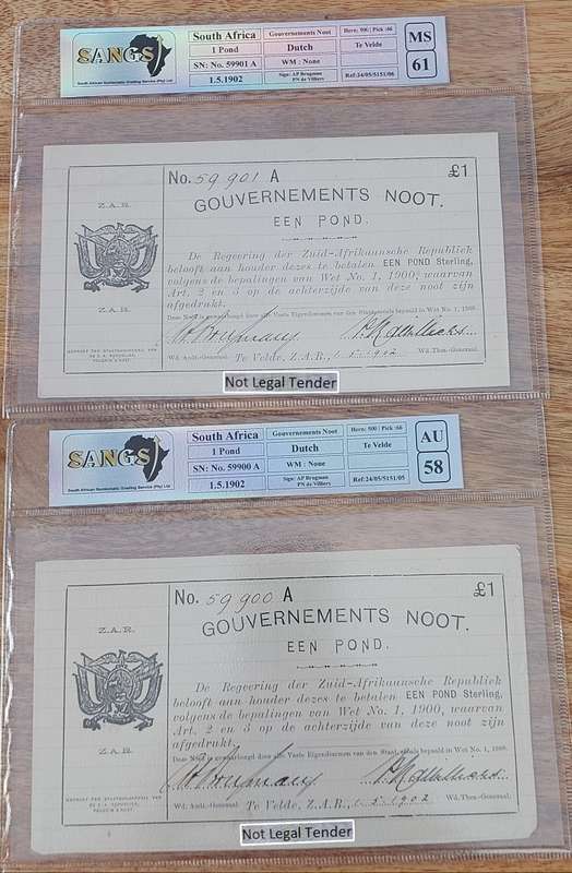 - Pair of Sequential 1902 ZAR Te Velde 1 Pond Notes In Sequence, Graded AU58 & MS61 Wow!!!! -