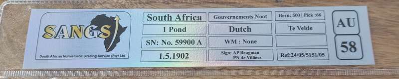 - Pair of Sequential 1902 ZAR Te Velde 1 Pond Notes In Sequence, Graded AU58 & MS61 Wow!!!! -