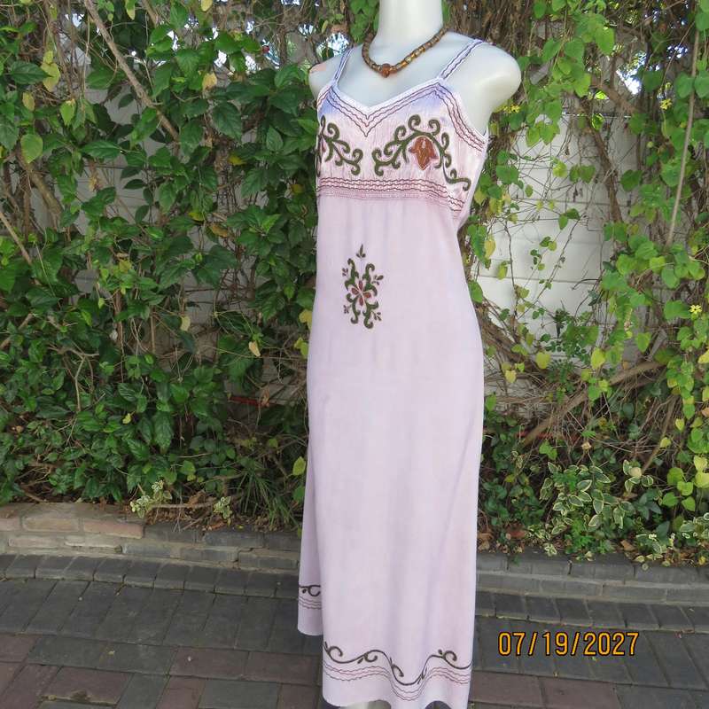 Pale lilac 100% viscose ethnic style double strappy dress from India. Richly embroidered. Size 34