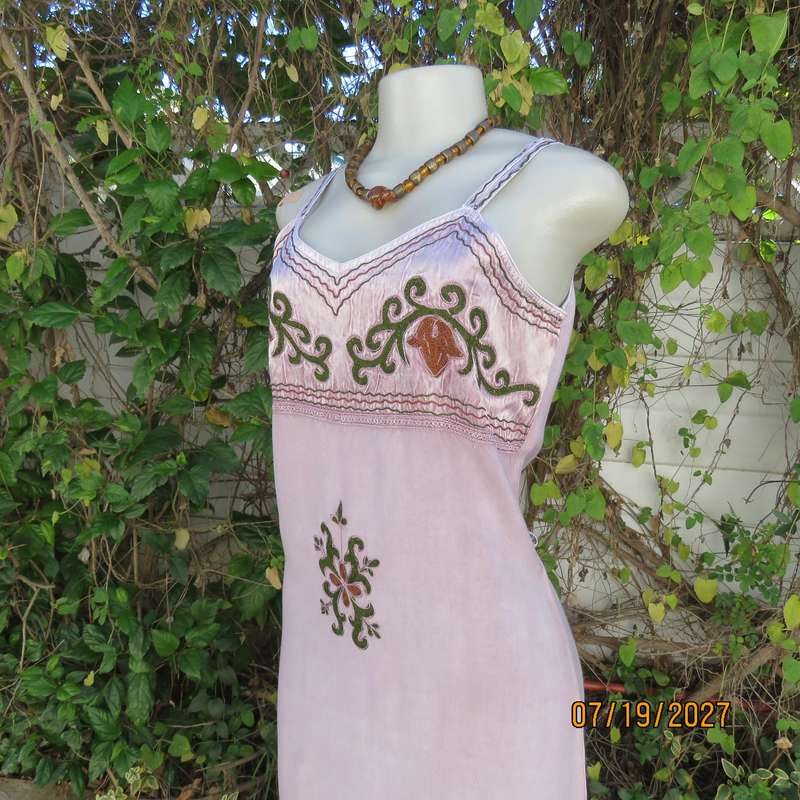 Pale lilac 100% viscose ethnic style double strappy dress from India. Richly embroidered. Size 34