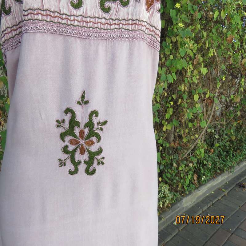 Pale lilac 100% viscose ethnic style double strappy dress from India. Richly embroidered. Size 34