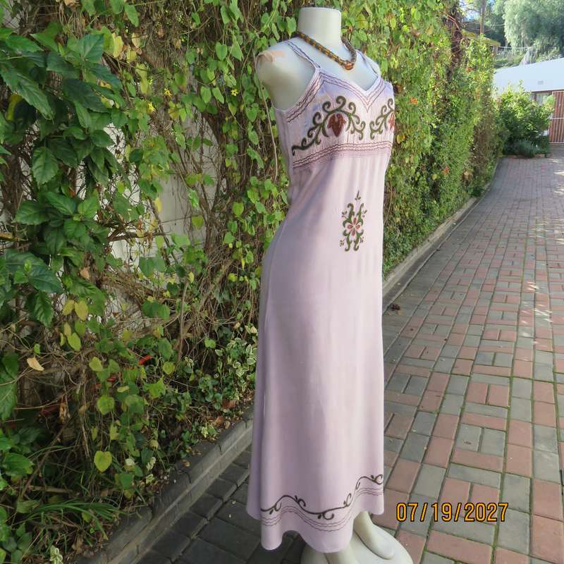 Pale lilac 100% viscose ethnic style double strappy dress from India. Richly embroidered. Size 34