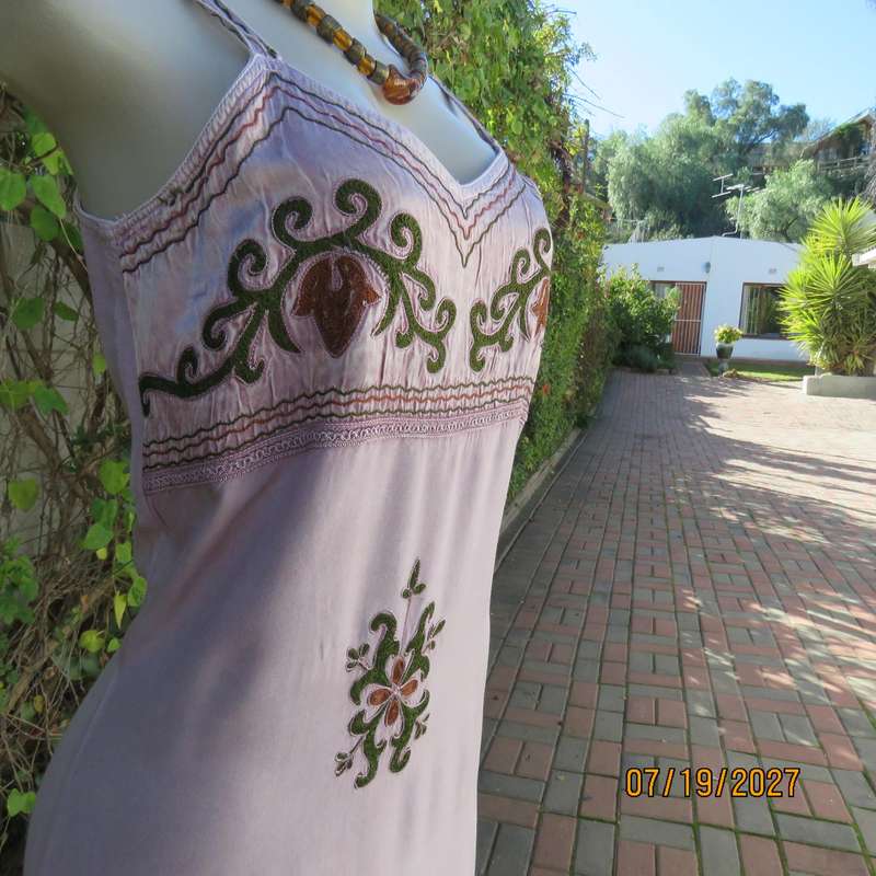 Pale lilac 100% viscose ethnic style double strappy dress from India. Richly embroidered. Size 34