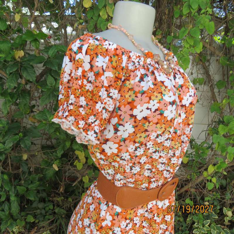 I Q floral summer knee length off the shoulder dress in orange-white. Size 36.