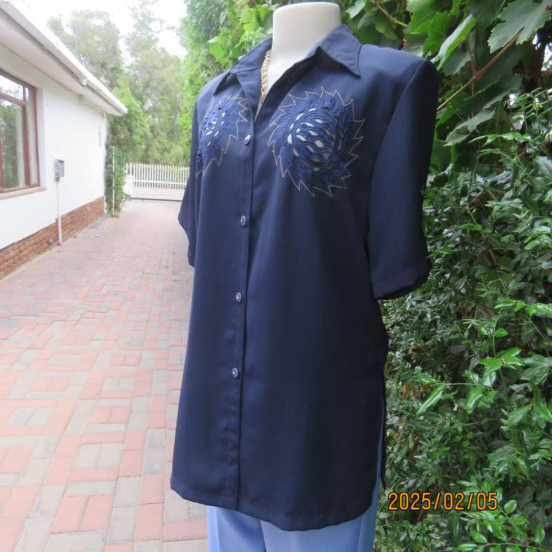 Exquisite navy short sleeve polyester richly embroidered with cut-out work-gold thread top.Size 36.
