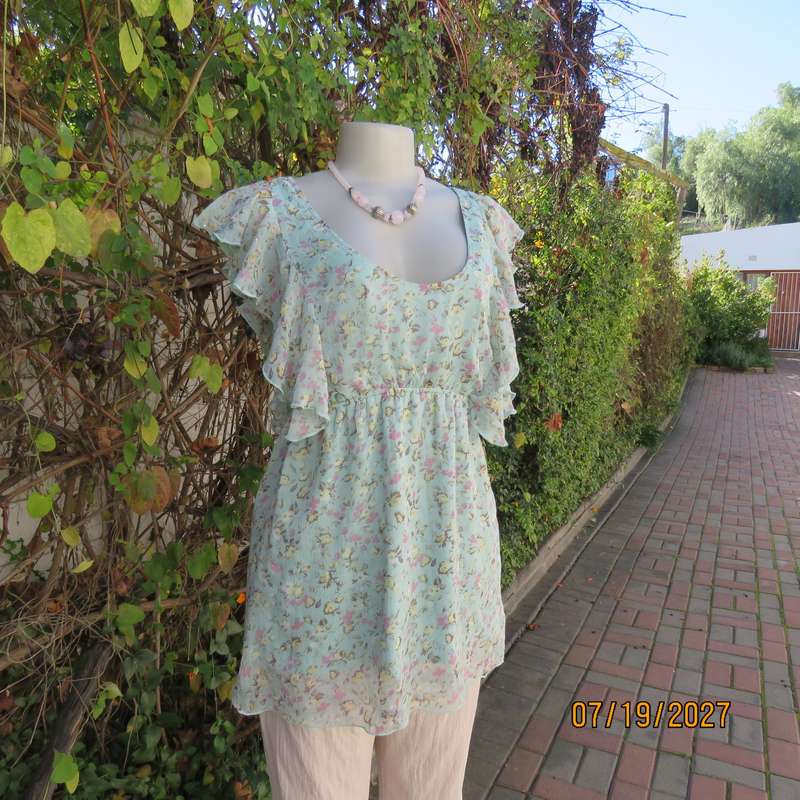 EXACT aqua empire waist lined top with tiny pink-cream floral print. Size 36.