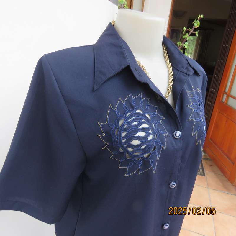 Exquisite navy short sleeve polyester richly embroidered with cut-out work-gold thread top.Size 36.