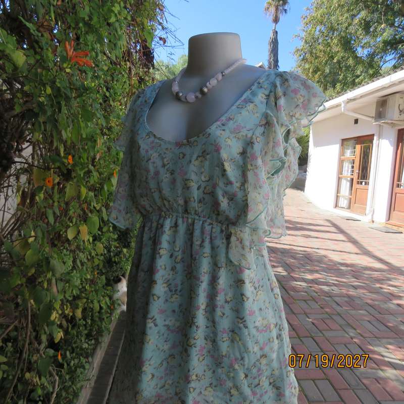EXACT aqua empire waist lined top with tiny pink-cream floral print. Size 36.