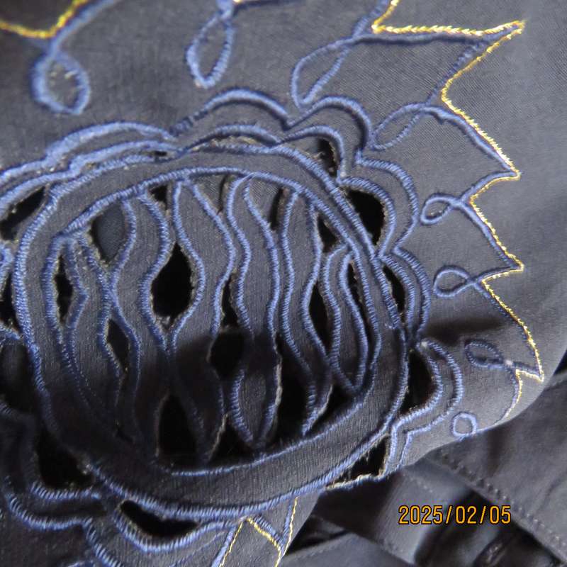 Exquisite navy short sleeve polyester richly embroidered with cut-out work-gold thread top.Size 36.