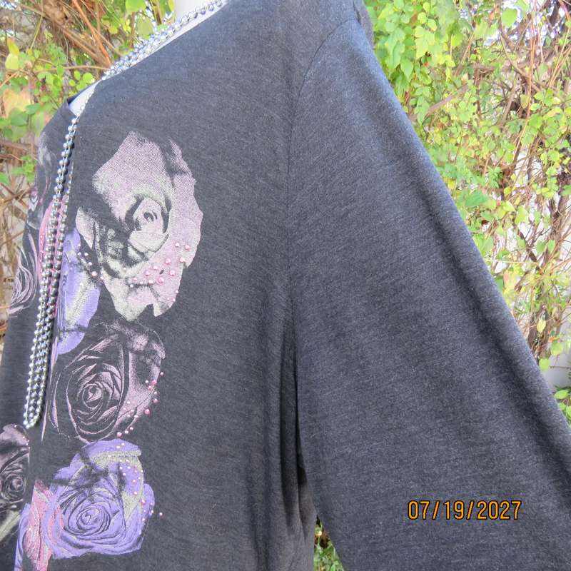 DONNA CLAIRE dark grey long sleeve polyrayon stretch top. Pink-purple roses front. Size 52